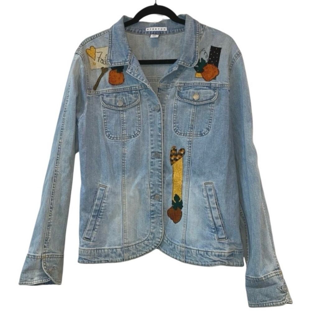 Vintage Gap Denim Jacket XXL Handmade Applique Bear Cottagecore Fall Patchwork